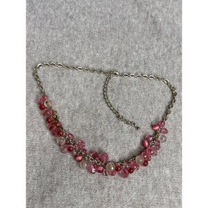 Plastic Bead Cluster Necklace Pink Facteted Teardrop Cat's Eye Silvertone Chain